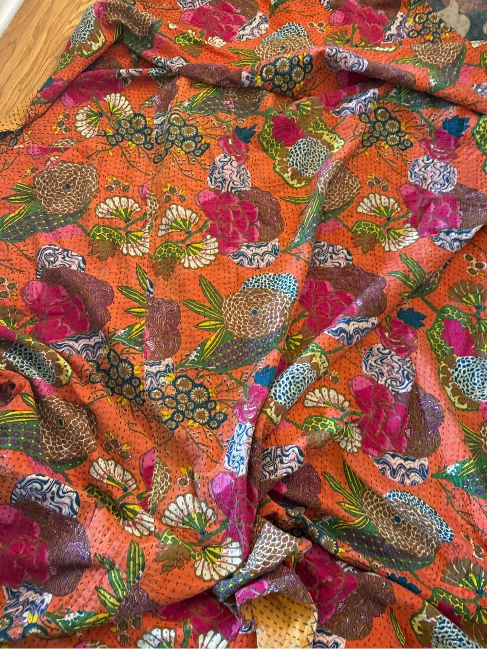 Vibrant Orange Floral Kantha Quilt Throw